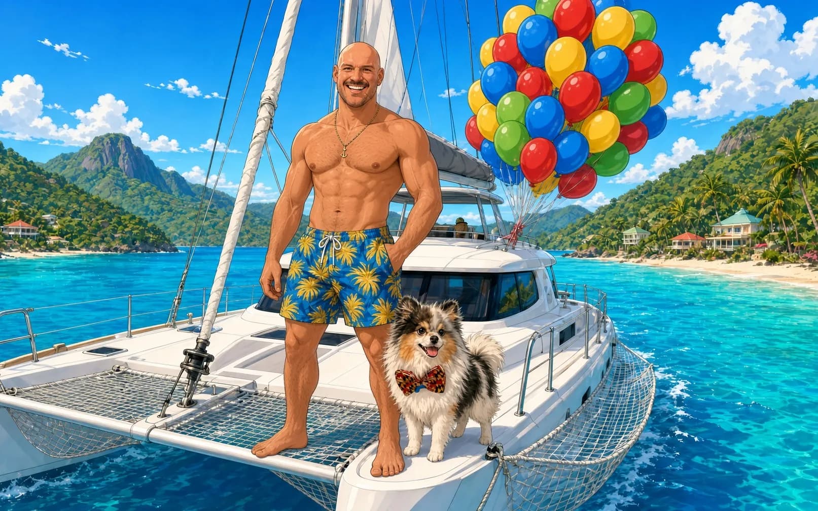 Me on a sailboat with Tyrion, balloons overhead.