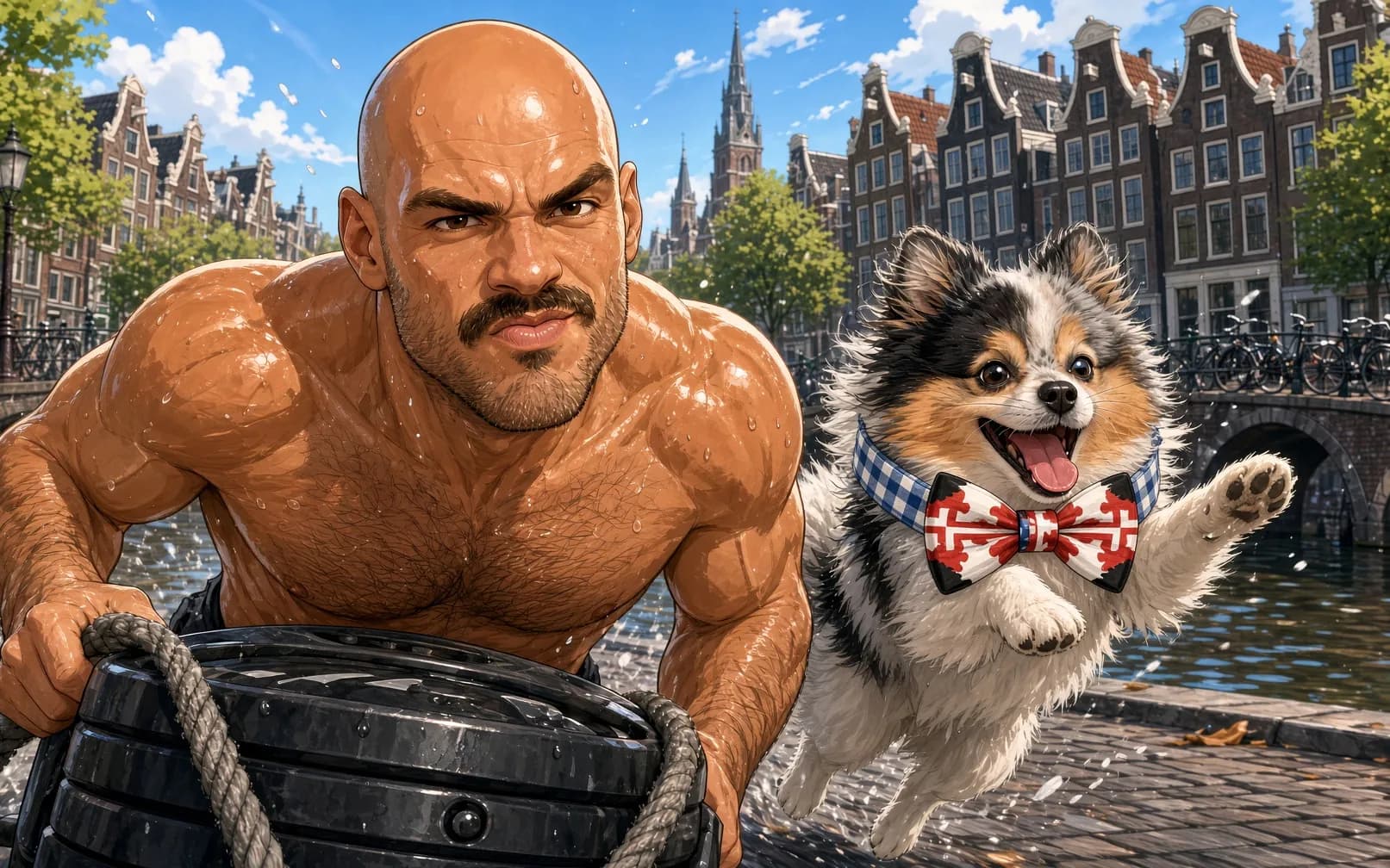 Me pulling a sled through Amsterdam, with Tyrion running beside me.
